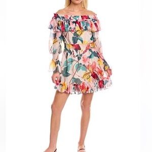 PatBO Pink & Yellow Floral Off the Shoulder Long Sleeve Ruffle Dress
